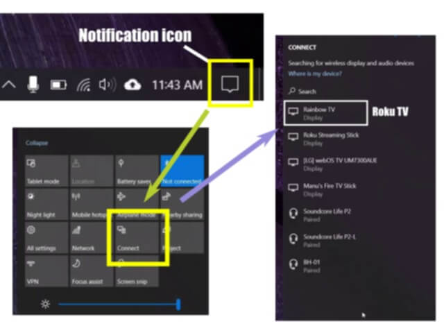 Screen mirror Windows laptop to Amazon Fire TV or Roku TV over a wireless network 11 roku device list
