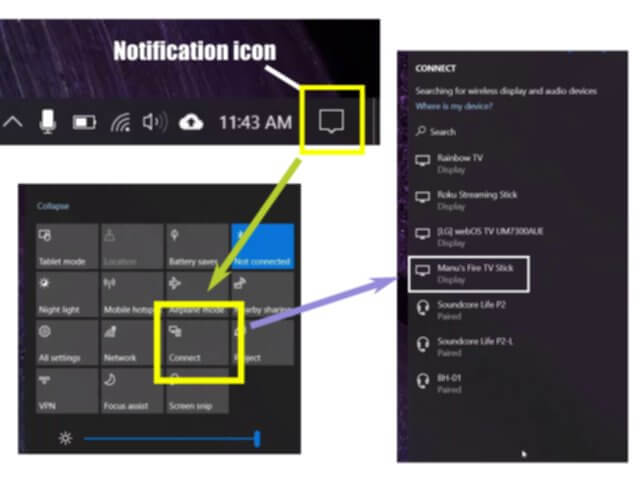 Screen mirror Windows laptop to Amazon Fire TV or Roku TV over a wireless network 5 Notification bar in windows