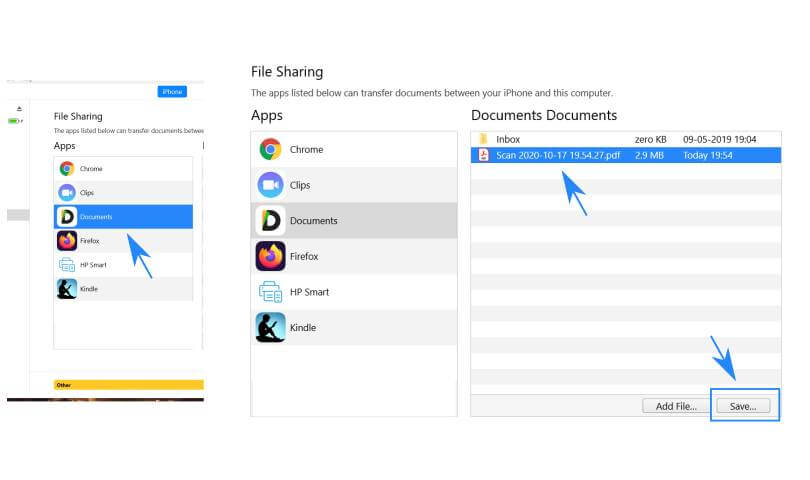 How to scan and transfer a document as PDF from iPhone to Windows PC? 20 iTune fileshare -Documets App save