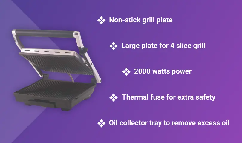 5 Best Sandwich Makers in India 3 Borosil Super Jumbo BGRILLSS23 2000-Watt Grill Sandwich Maker
